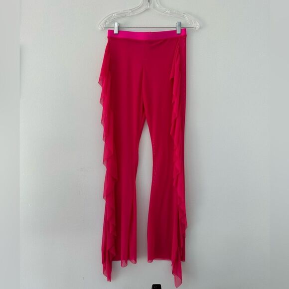 Ruffle Sheer Pants Mesh Beachwear Neon Pink Festival Bikini Cover Up size Medium - Picture 6 of 10